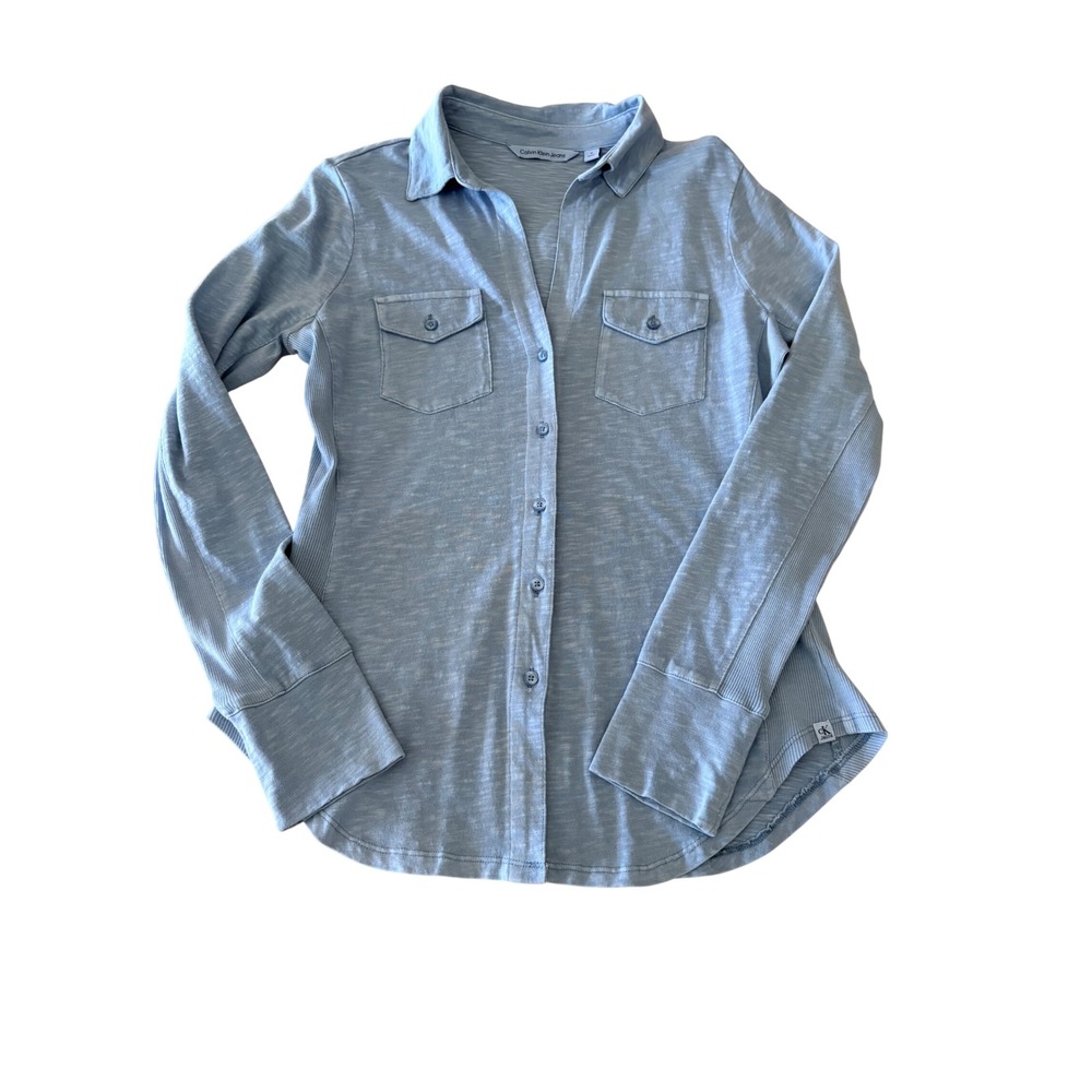 Calvin Klein Jeans Womens Sky Blue Slub Knit Button Down Shirt CJKT8969 Size M